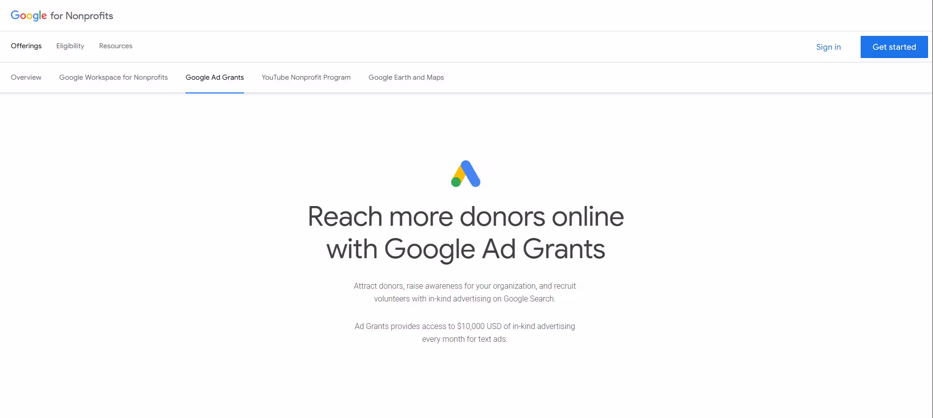 Google Ad Grants overview showing up to $10,000 per month in free advertising for eligible nonprofits